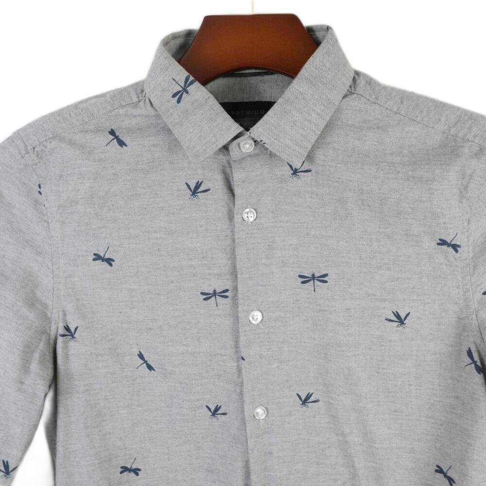 Threadbare Mens Cotton Button Up Heather Gray Dragonfly Dress Shirt Small